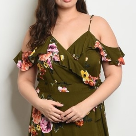 ⚠CLOSEOUT⚠ Olive Floral Tie Wrap Plus Maxi - Picture 2 of 5